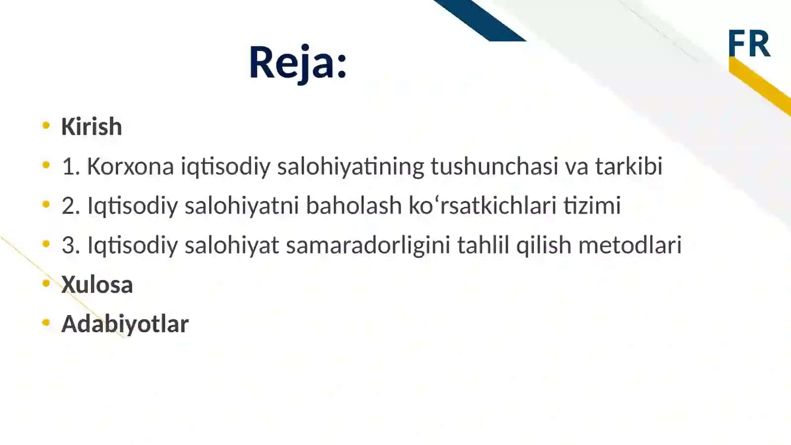 Korxonalar iqtisodiy salohiyati tarkibi, koʻrsatgichlar tizimi va samaradorligini tahlili. 2
