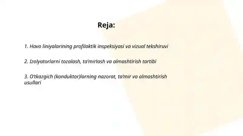 Elektr taʼminoti tizimida havo liniyalarini ishlatishda ularga texnik xizmat 2