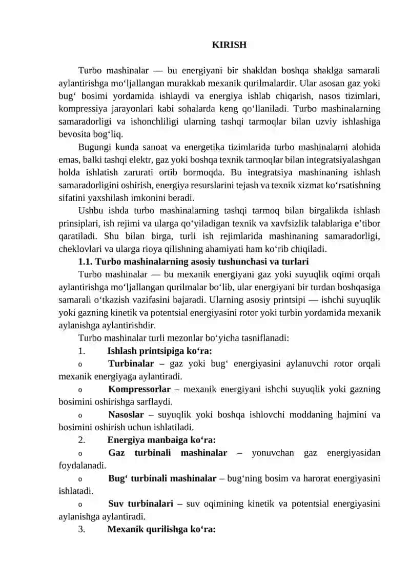 Turbo mashinalarni tashqi tarmoq bilan birgalikda ishlashi, ish rejimi va unga qo'yiladigan talablar 2