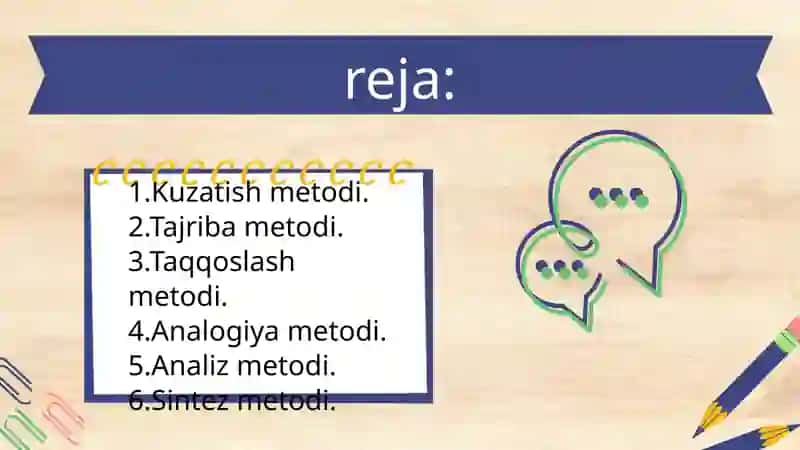 9-11 sinf algebra yoki geometriya maktab darsliklaridan foydalanib, Matematika oqitishda  kuzatish,  tajriba , taqqoslash , analogiya, analiz va sintez  metodlaridan foydalanib mavzularni yoritib berish. 2