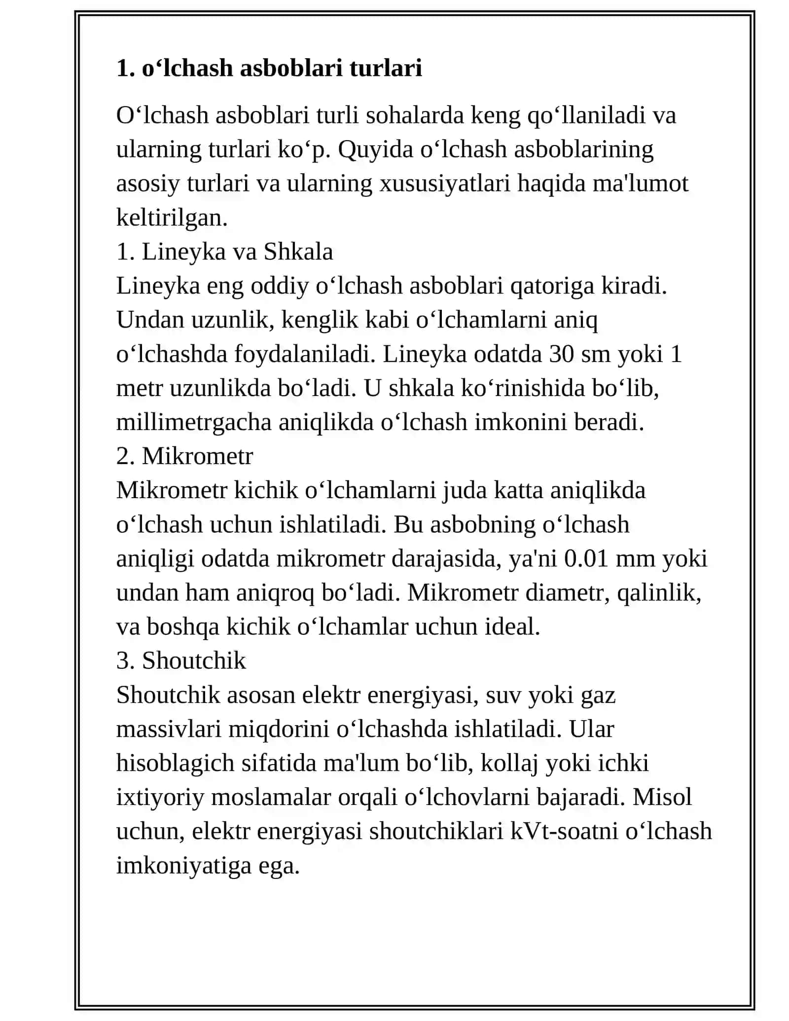 Oʻlchash asboblari turlari 2