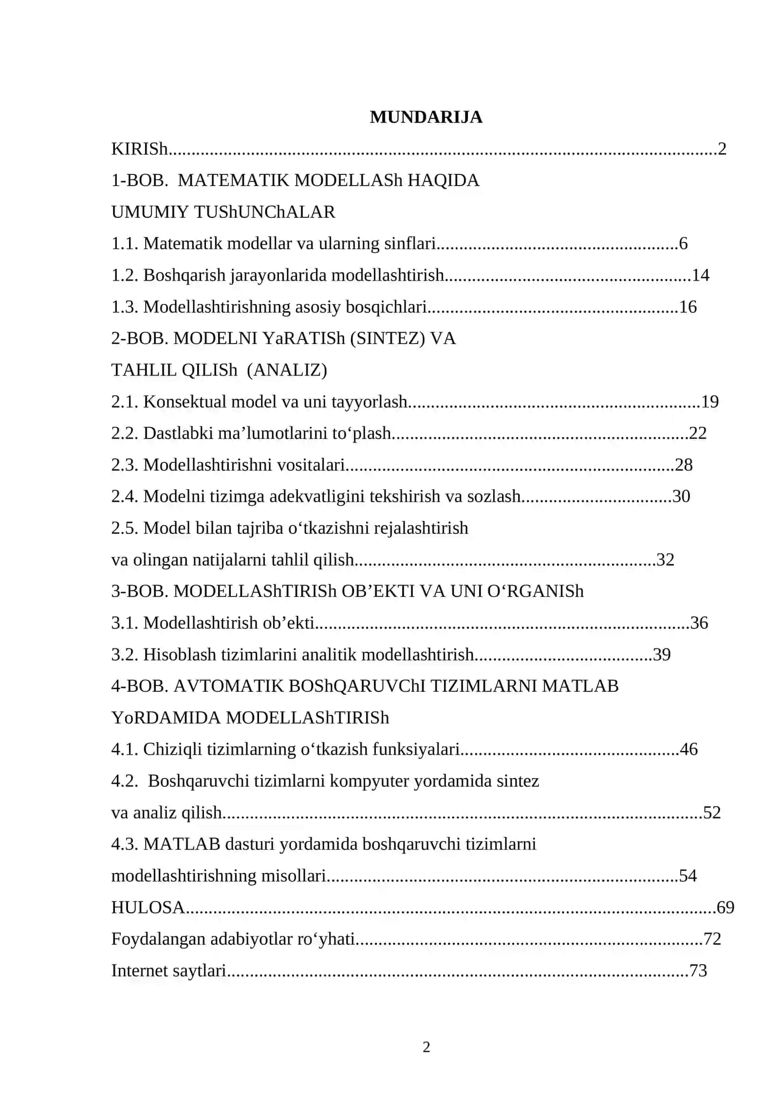 Zamonaviy boshqaruvchi tizimlarning matematik modellari. BMI 2