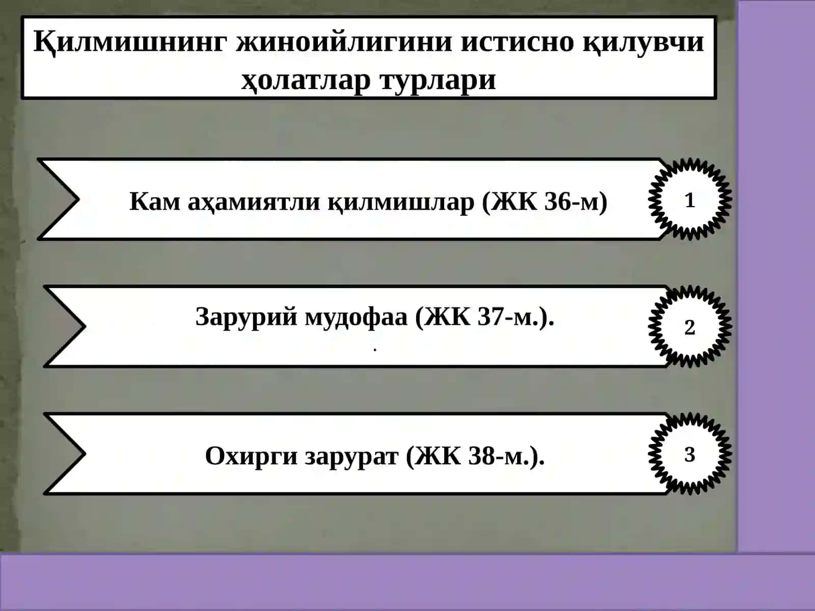 Квилмишнинг жиноийлигини истисно қилувчи ҳолатлар турлари 2