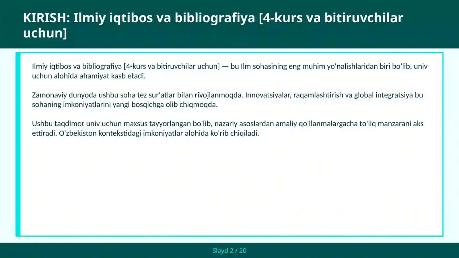 Ilmiy iqtibos va bibliografiya [4-kurs va bitiruvchilar uchun] 2