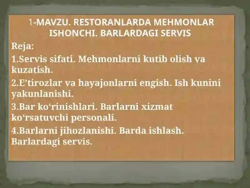 RESTORANLARDA MEHMONLAR ISHONCHI. BARLARDAGI SERVIS 2