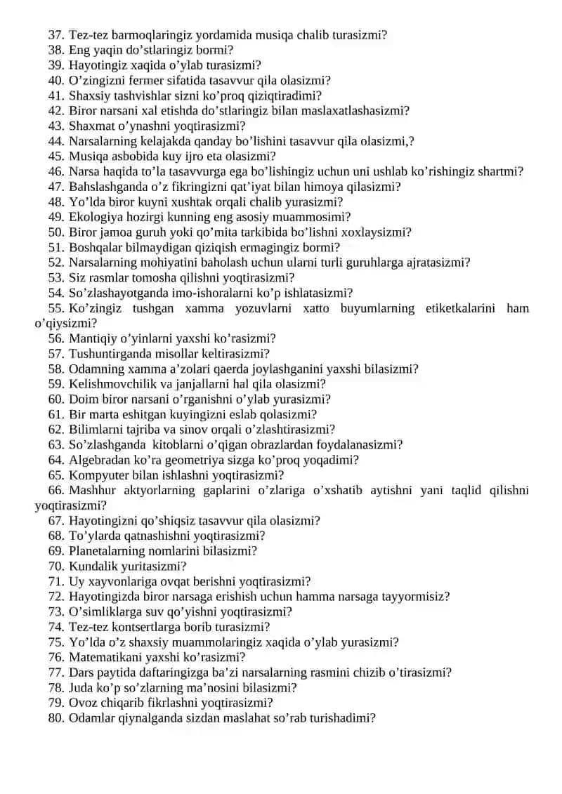 Qobiliyatni aniqlash testi savolnomasi 2