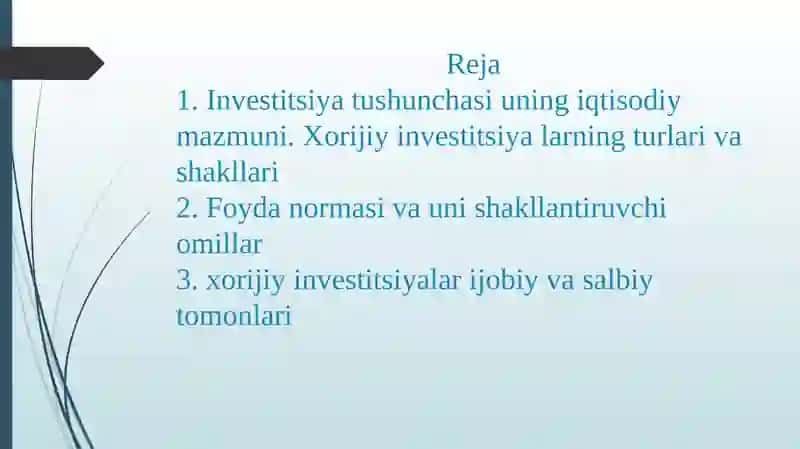 Investitsiya normasi va unshakllantiruvchi mamlar 2