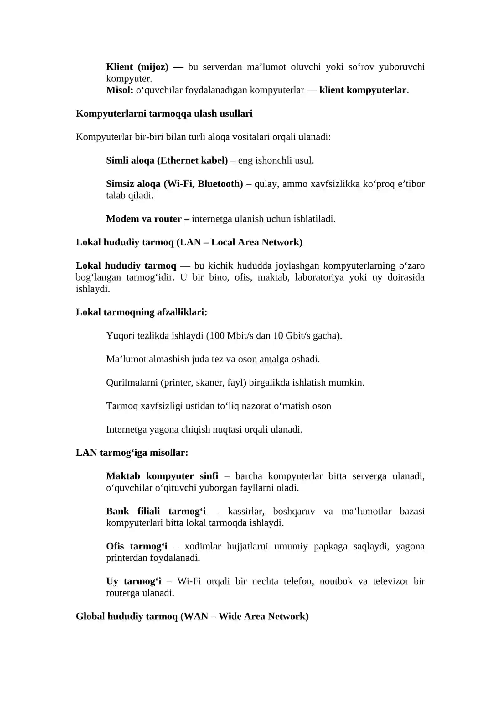 Tarmoq kompyuterlari. Lokal hududiy (LAN) va global hududiy tarmoq (WAN) 2