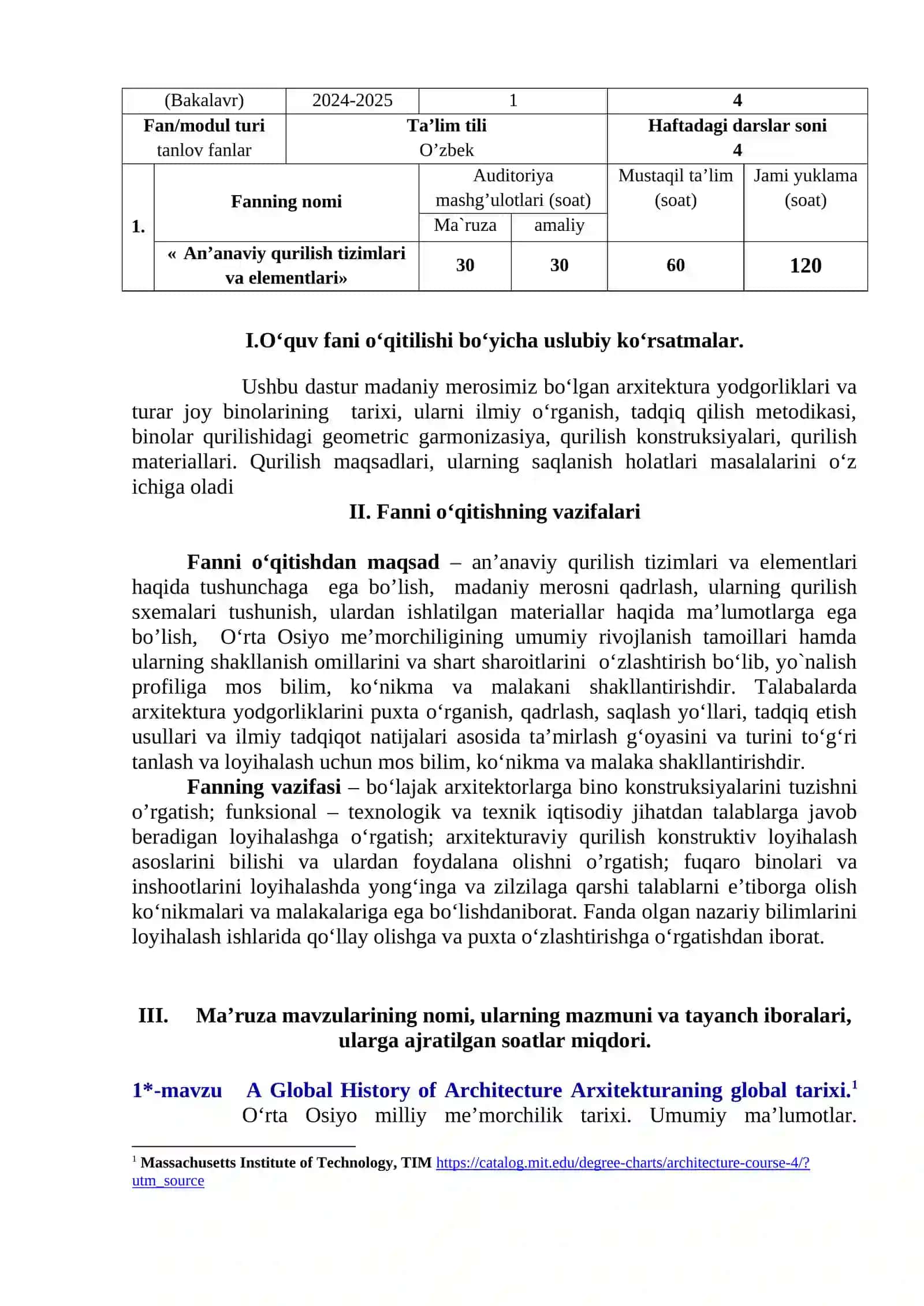 “AN’ANAVIY QURILISH TIZIMLARI VA ELEMENTLARI” fanining O’QUV DASTURI 2