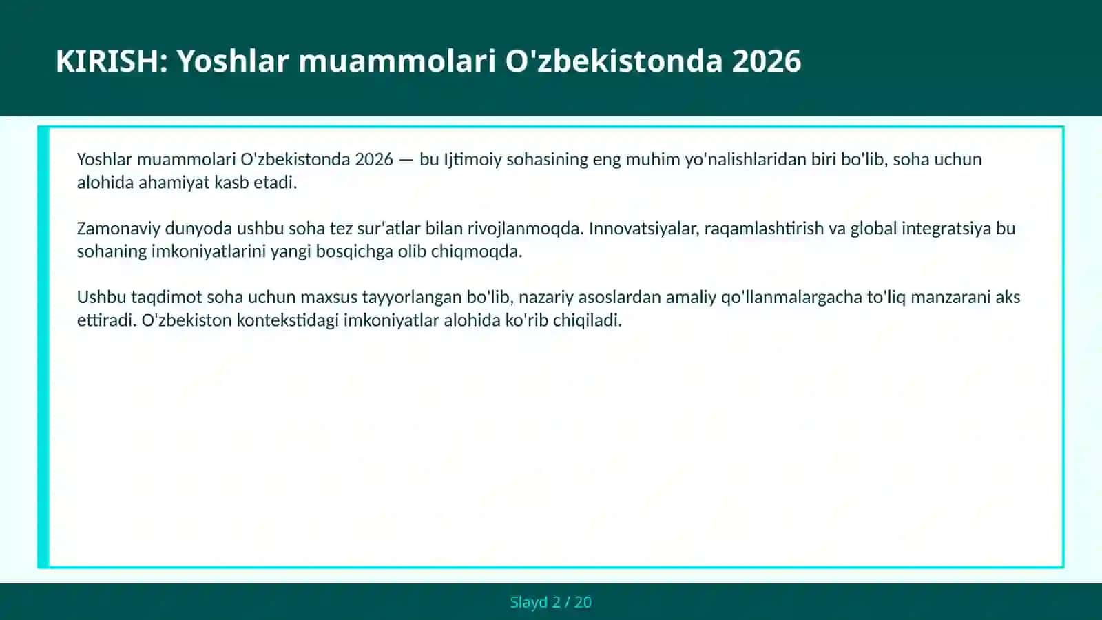 Yoshlar muammolari O'zbekistonda 2026 2