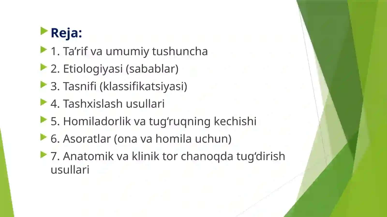 Tor chanoq. Etiologiyasi, tasnifi, tashxislash. Tug‘dirish usullari. Homiladorlik va tug‘ruqni kechi 2