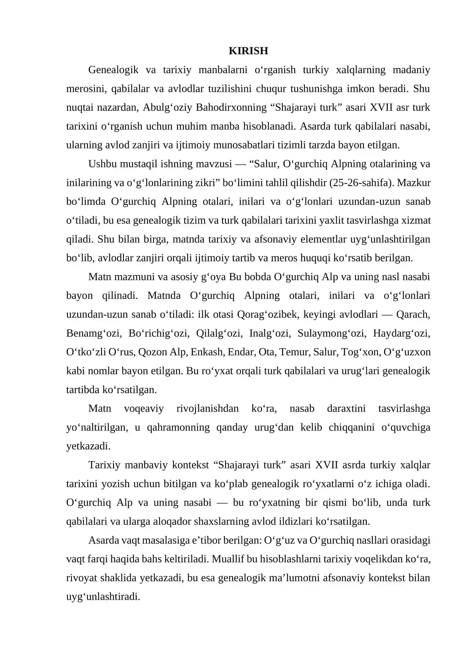 “SHAJARAYI TURK” DAGI “SALUR, O’GURCHIQ ALPNING OTALARINING VA INILARINING VA O’G’LONLARINING ZIKRI” (25-26-SAHIFA) BOB TAHLILI 2