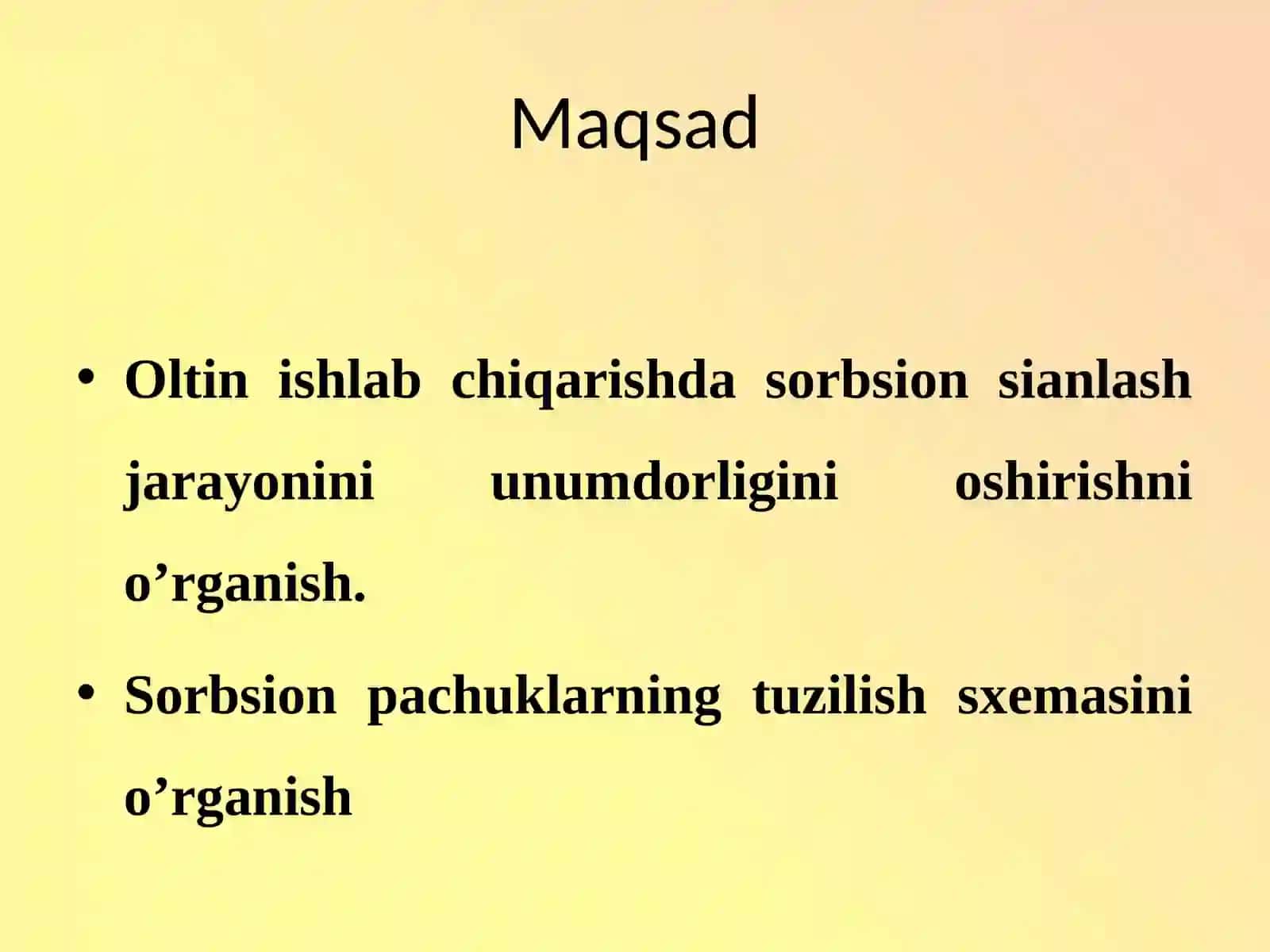 Oltin ishlab chiqarishda sorbsion siyanlash jarayoni unumdorligini oshirishni o’rganish 2