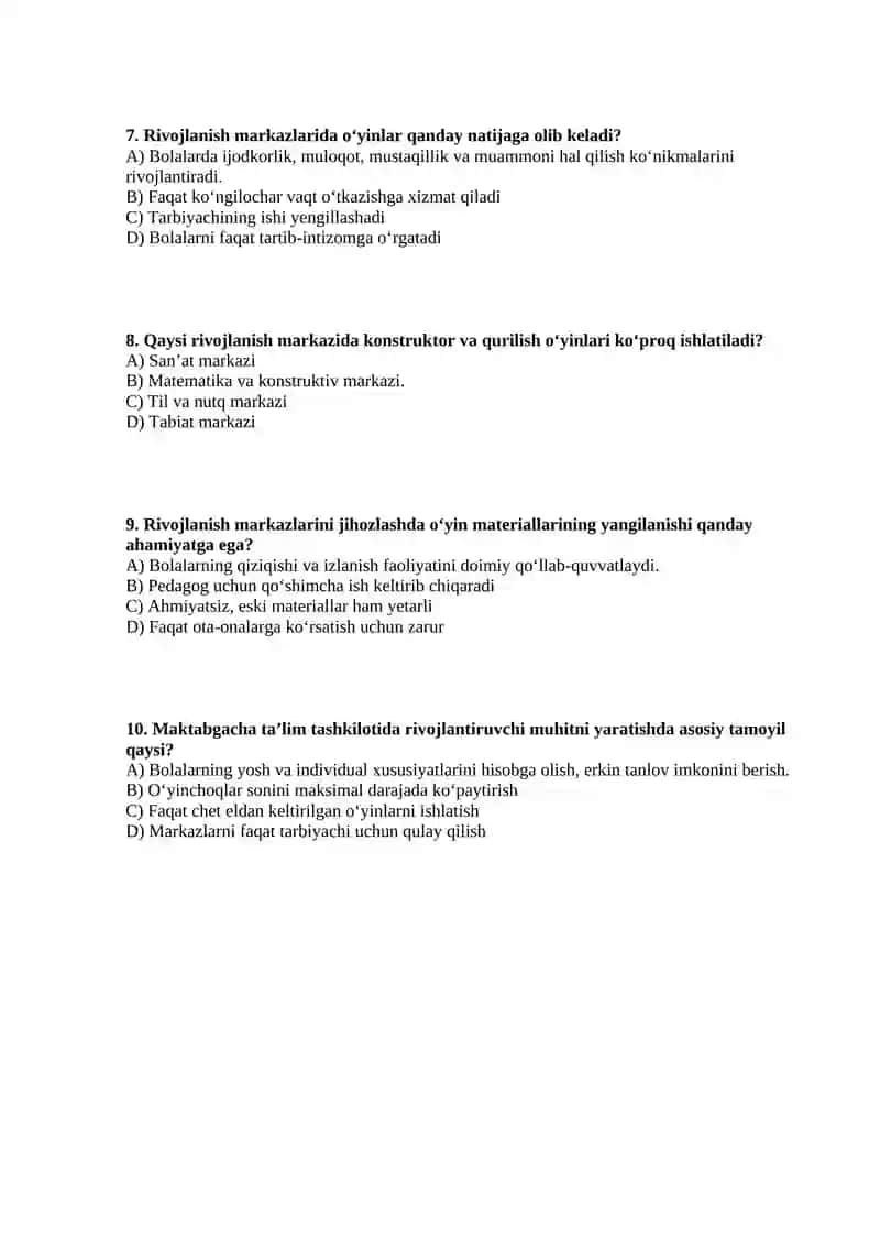 O‘yinlarning rivojlanish markazlarida o‘rnidan test 2