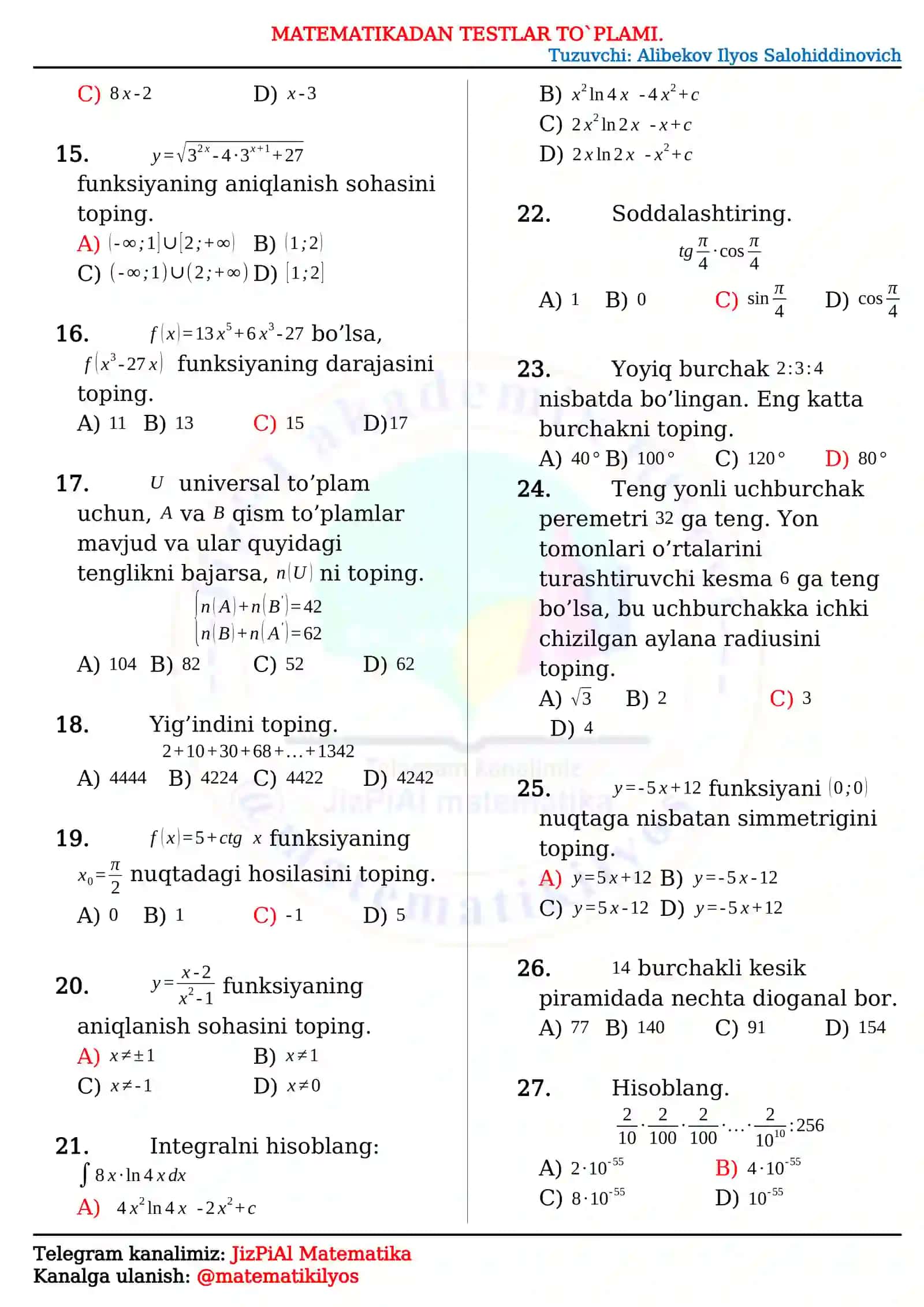 Matematikadan testlar 2