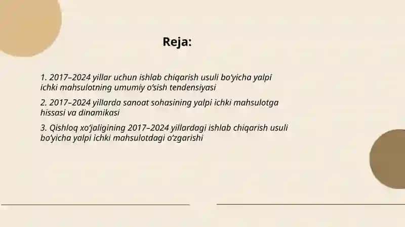 2017-2024 yillar Ishlab chiqarish usuli bo'yicha aniqlangan yalpi ichki mahsulot dinamikasi tahlili 2
