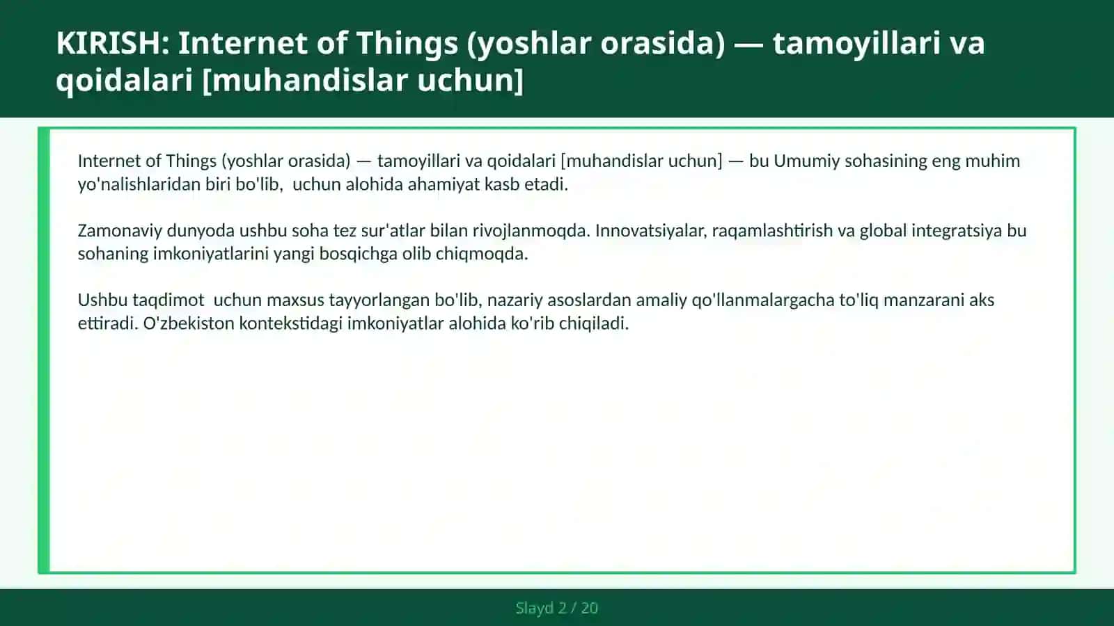 INTERNET OF THINGS (YOSHLAR ORASIDA) — TAMOYILLARI VA QOIDALARI [MUHANDISLAR UCHUN] 2