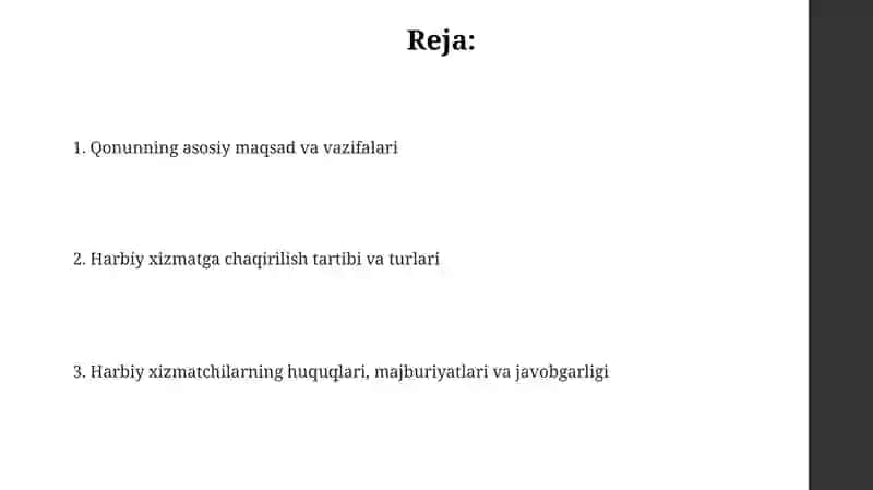 Ozbekiston Respublikasining “Umumharbiy majburiyat va harbiy xizmat togrisida”gi qonunning mazmuni 2