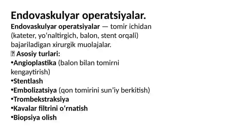 Endovaskulyar operatsiyalar. O‘mrov osti va son venalarini punksiyaqilish va kateterlash. Mikroxirurgik texnika. Transplantologiyadamikroxirurgiyaning qo‘llanilishi. 2