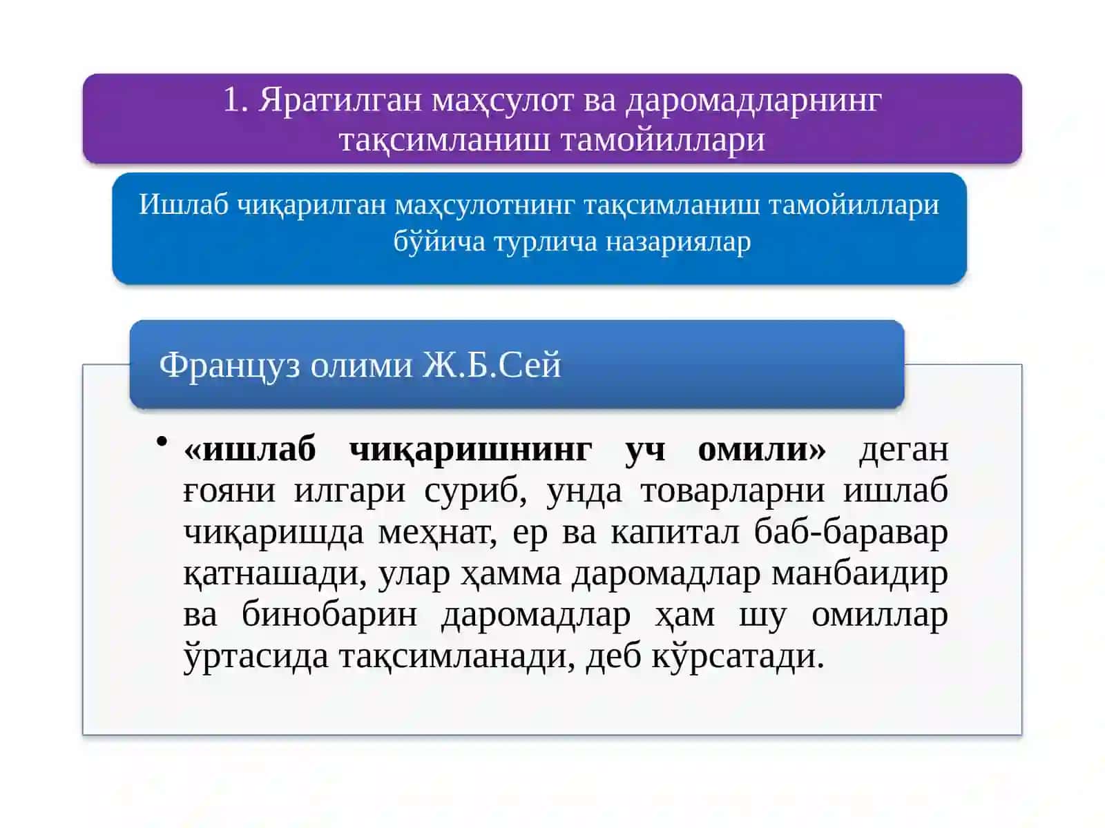 Ишлабчиқарилган маҳсулотнинг тақсимланиш тамойилларибўйичатурличаназариялар 2