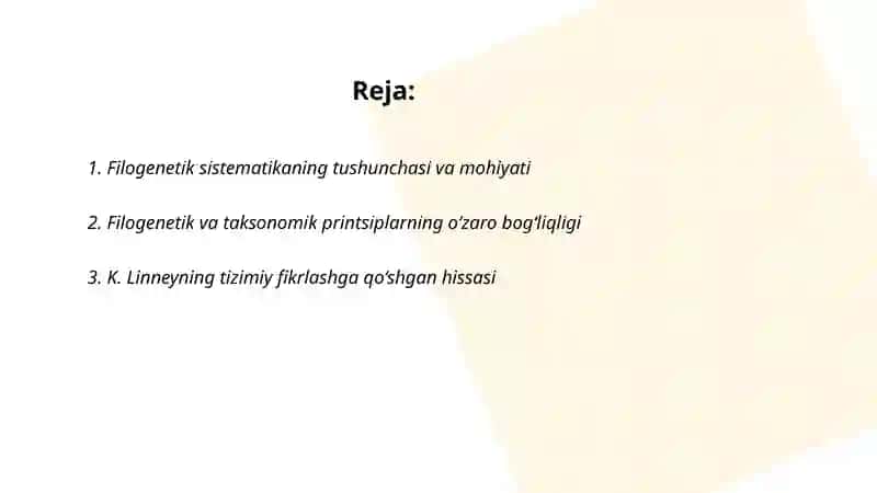 Filogenetik sistematikaning mohiyati. K.Linney sistematikasi Roʻziyeva Sojida 2