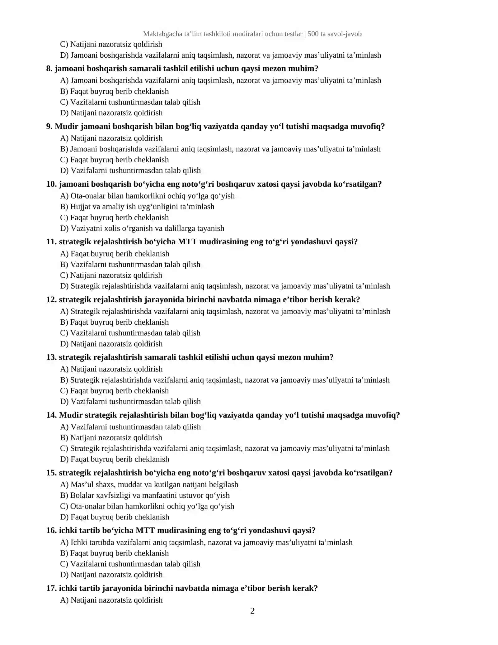 Maktabgacha ta’lim tashkiloti mudiralari uchun testlar | 500 ta savol-javob 2