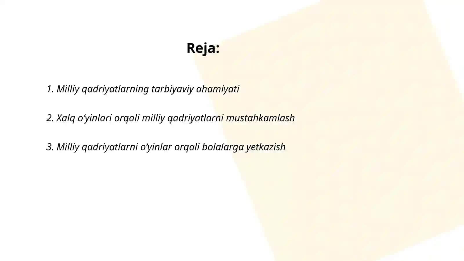 Maktabgacha taʼlim tashkiloti tarbiyalanuvchilarini milliy qadriyatlarga hurmat ruhida tarbiyalashda rivojlantiruvchi markazlarda olib boriladigan oʻyin taʼlimiy va frontal faoliyatni jarayonga tadbiq etish 2