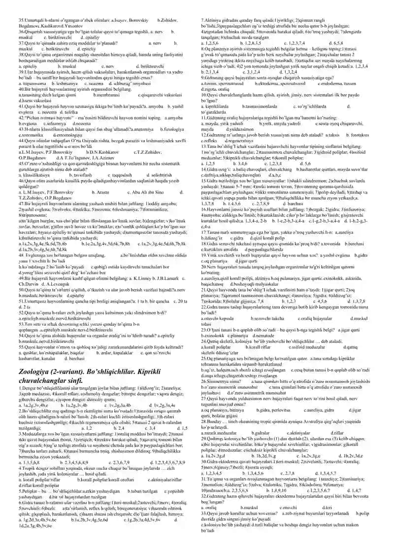 Zoologiya darsligi asosida mavzulashtirilgan testlar to’plami 2