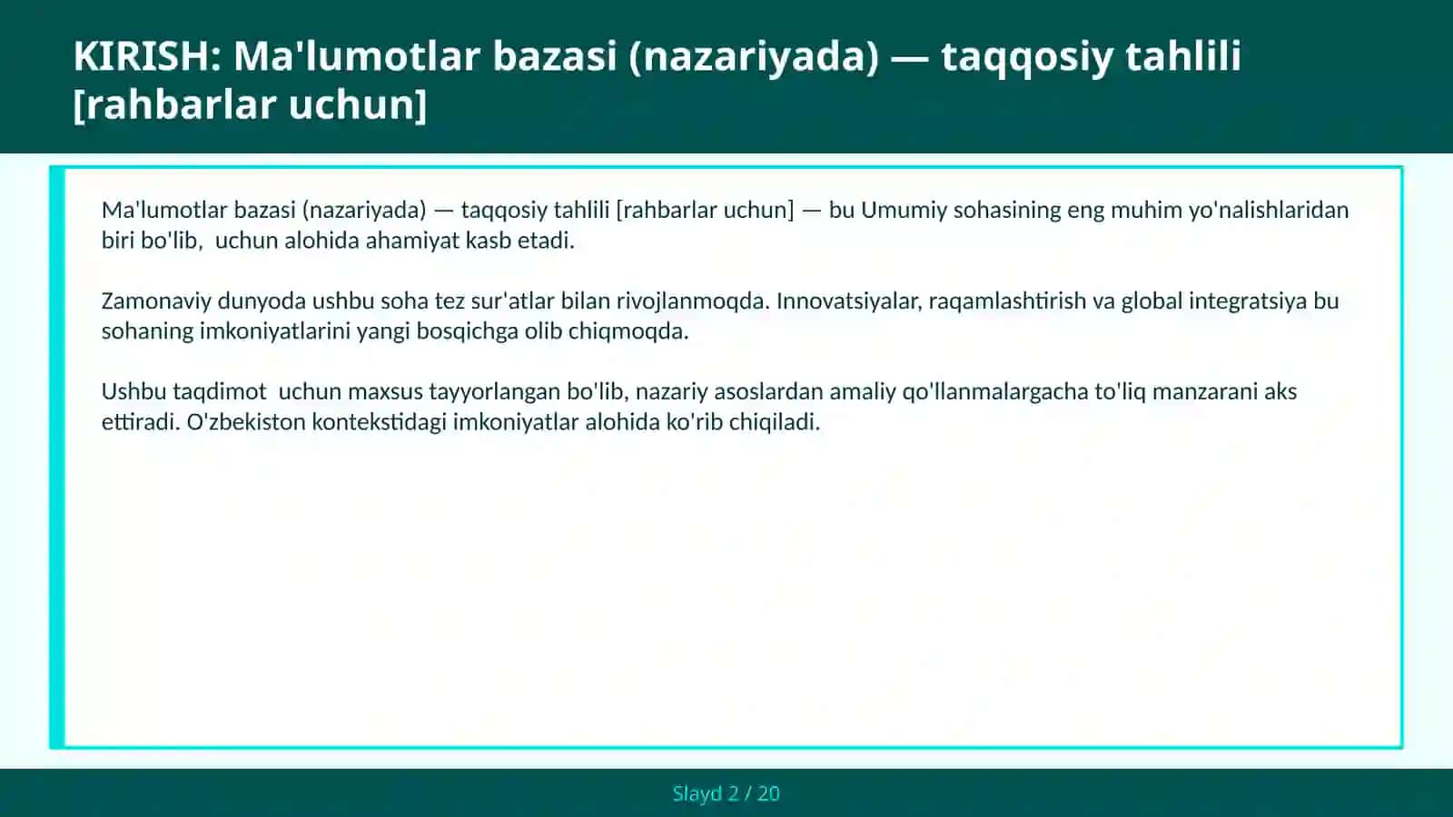 Ma'lumotlar bazasi (nazariyada) — taqqosiy tahlili [rahbarlar uchun] 2