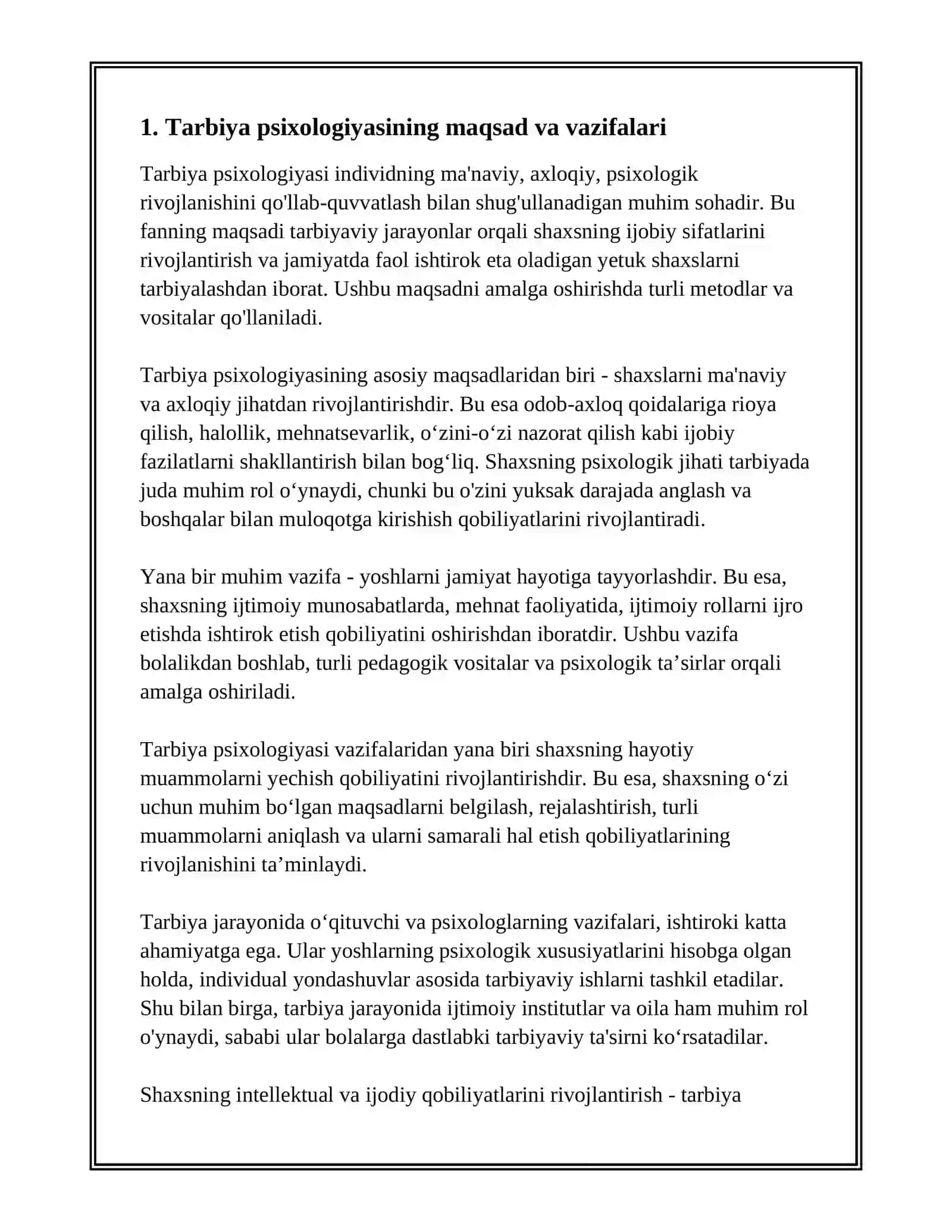 TARBIYA PSIXOLOGIYA:MAQSADI, VOSITALARI VA METODLARI 2