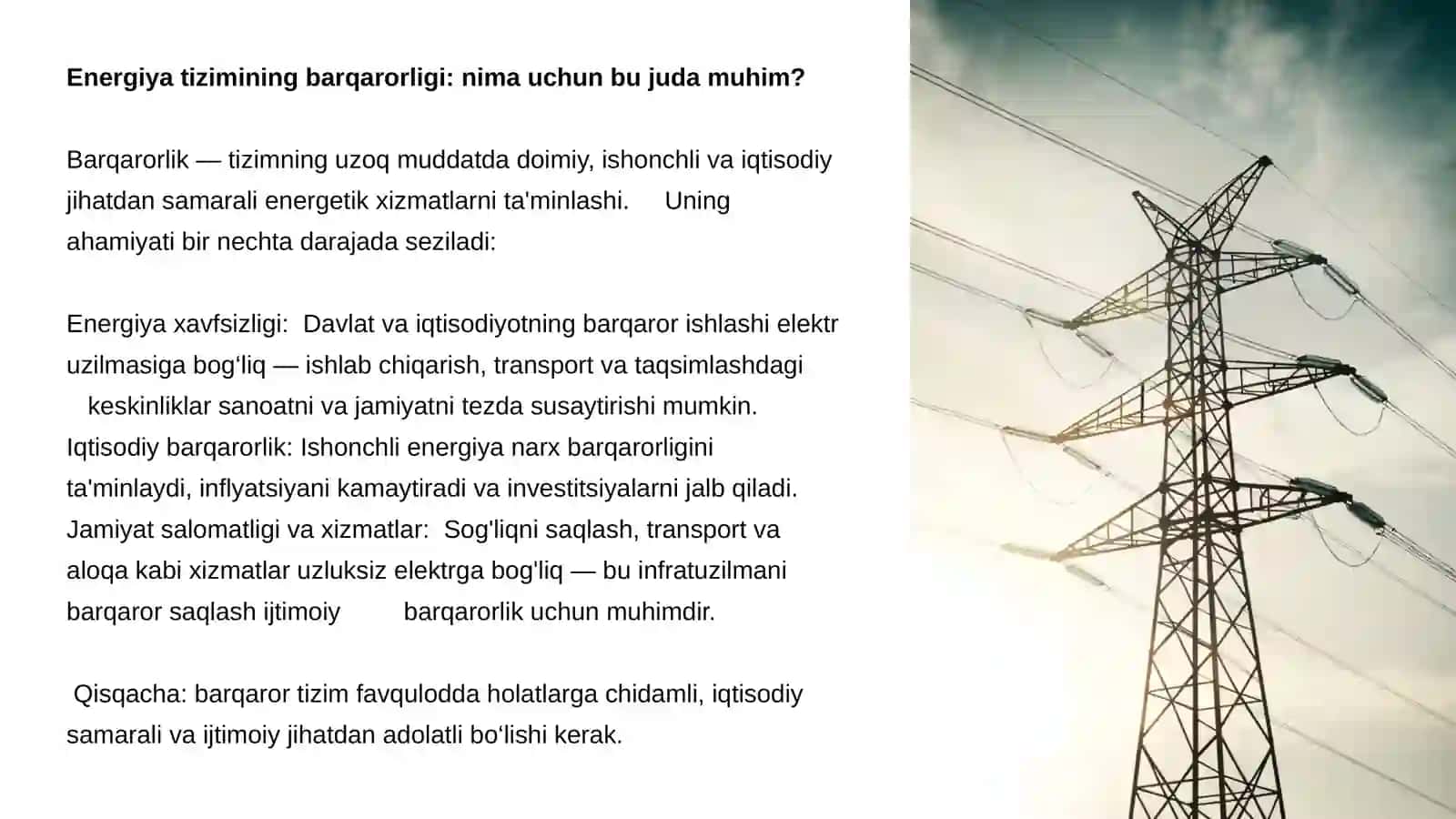 Energiya tizimining barqarorligi va ishonchliligi 2