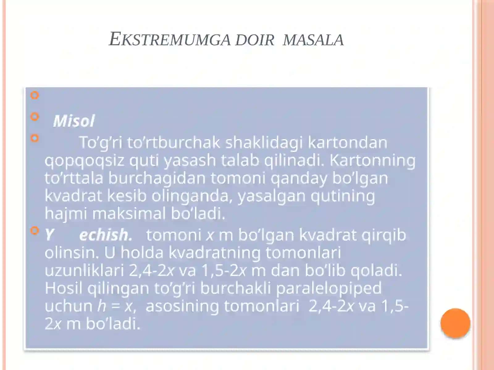 To'g'rito'rtburchak shaklidagi kartondan qopqoqsiz quti yasash talab qilinadi 2