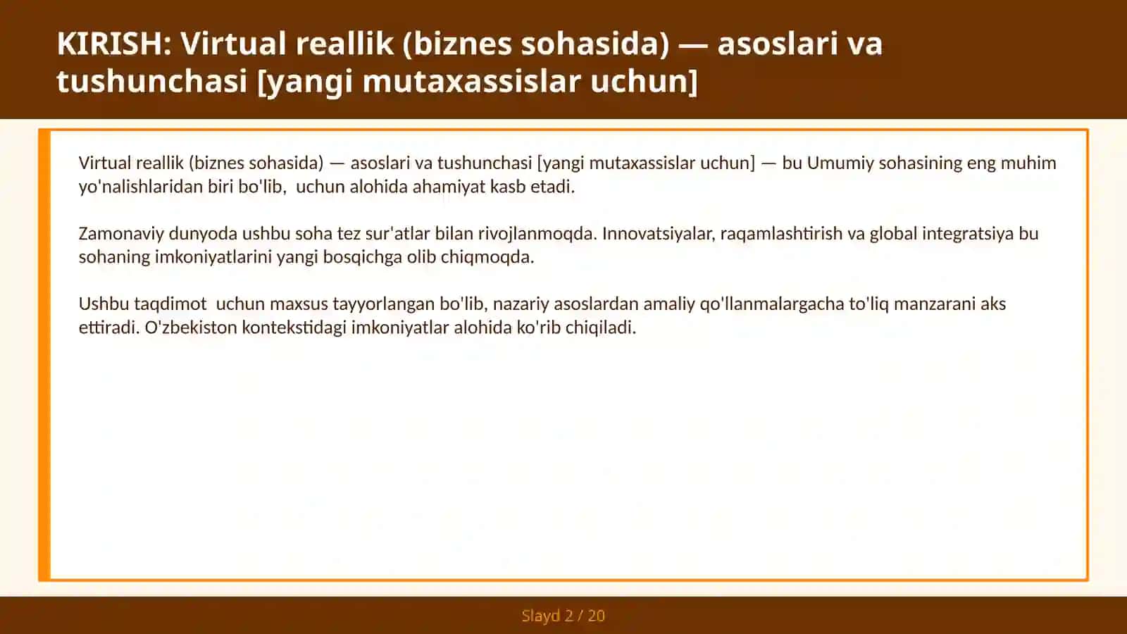 VIRTUAL REALLIK (BIZNES SOHASIDA) — ASOSLARI VA TUSHUNCHASI [YANGI MUTAXASSISLAR UCHUN] 2
