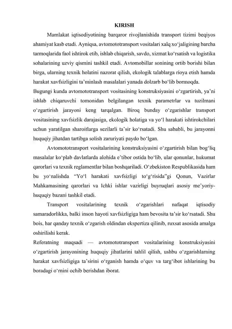 Avtomototransport vositasi konstruksiyasini o‘zgartirishning huquqiy jihatlari. Harakat xavfsizligi bo‘yicha o‘quv va targ‘ibot ishlarining ahamiyati 2
