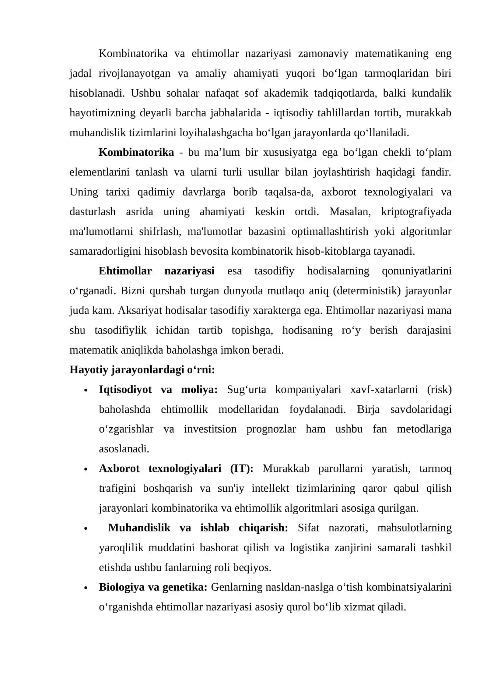 Kombinatorikaning asosiy qoidalari. O‘rinlashtirishlar, o‘rin almashtirishlar, gruppalash. Tasodifiy hodisalar va ehtimolning turli ta'riflari 2