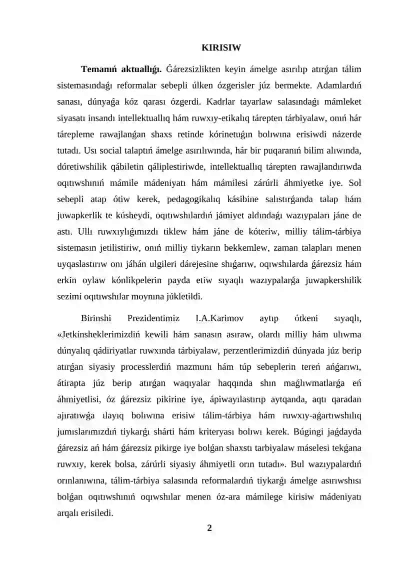 KURS JUMISI SABAQ HÁM SABAQTAN TISQARI OQITIWSHINIŃ SÓYLEWINE QOYULATUǴIN TALAPLAR 2