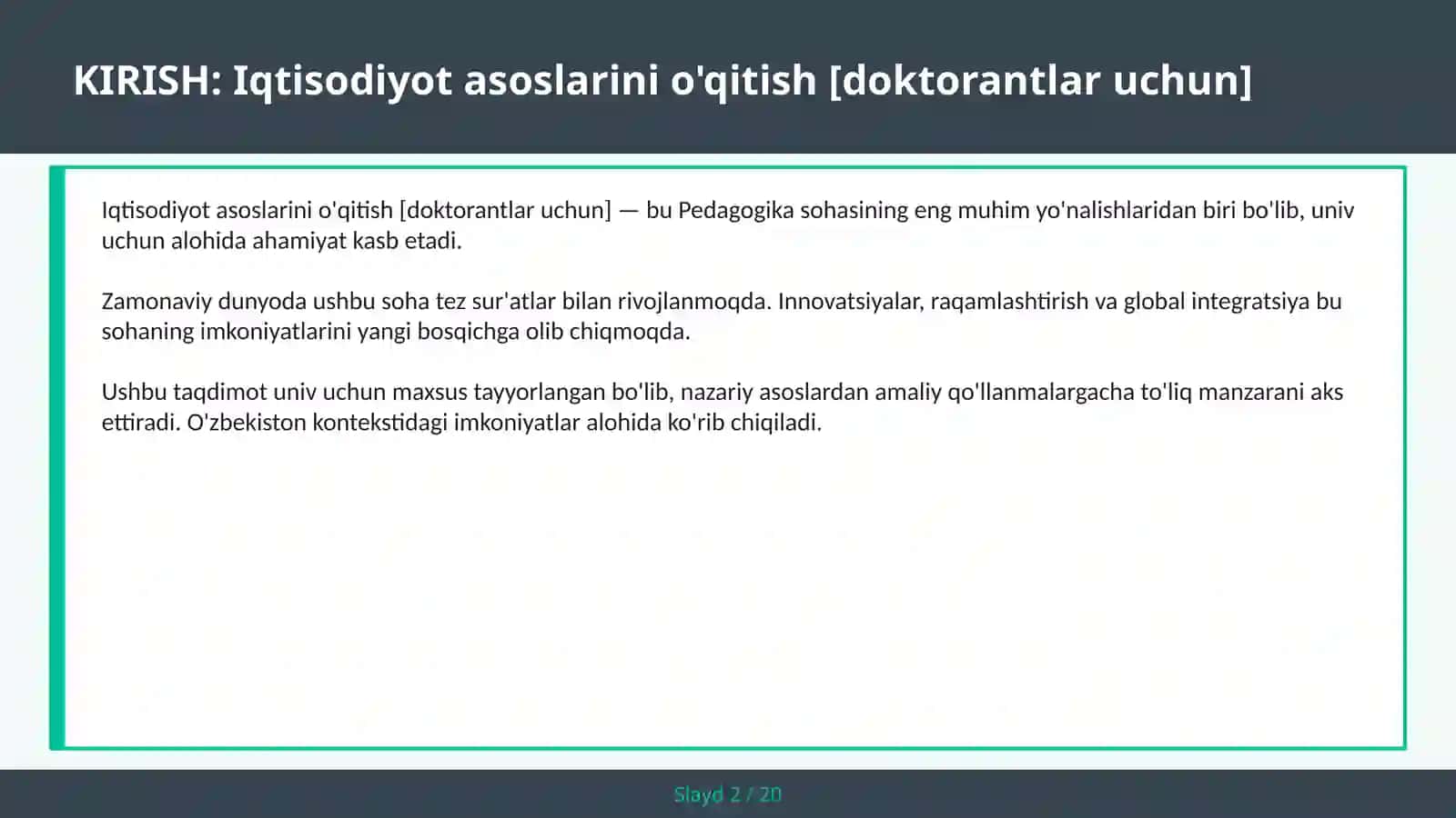 IQTISODIYOT ASOSLARINI O'QITISH [DOKTORANTLAR UCHUN] 2