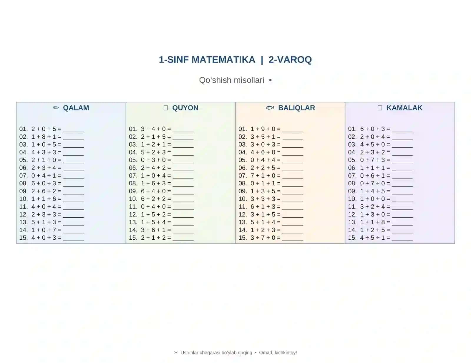 1-SINF MATEMATIKA | 20 ta variant qo'shish amallari 2