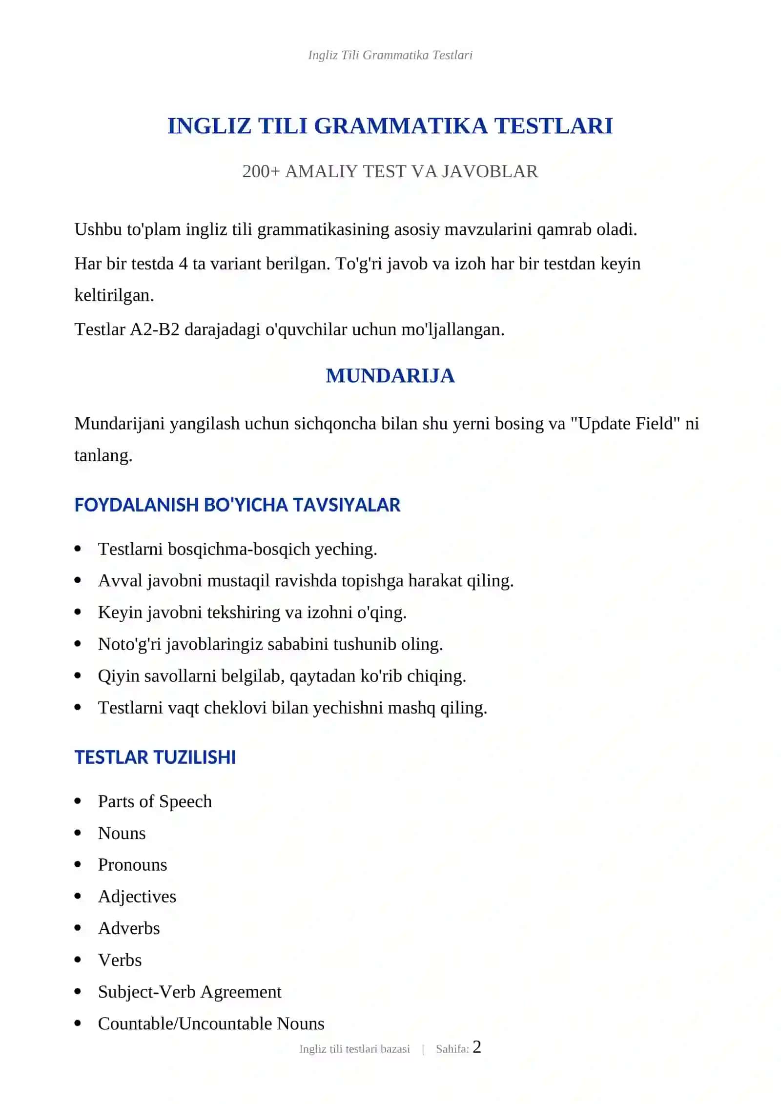INGLIZ TILI GRAMMATIKA TESTLARI 2