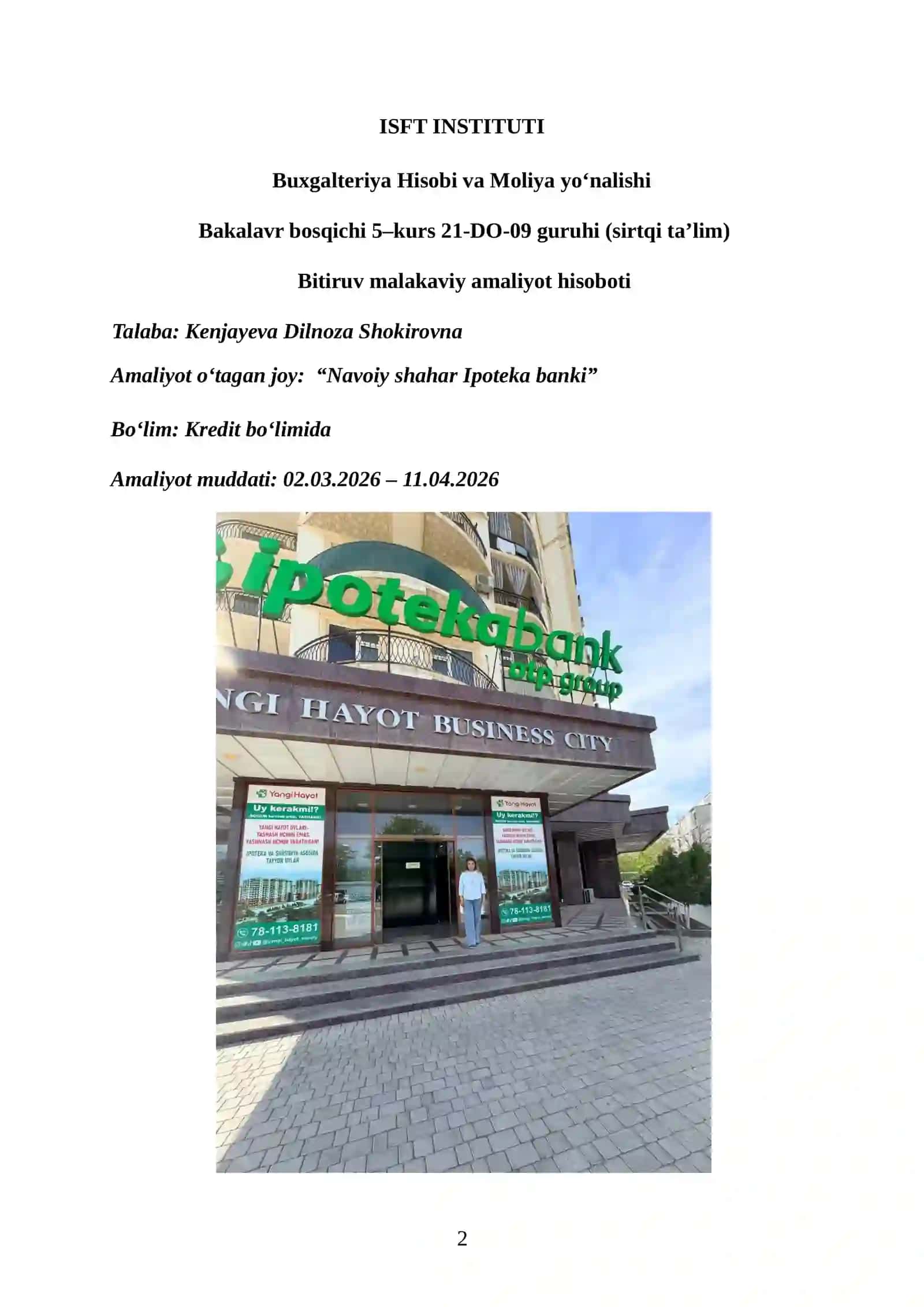 Navoiy shahar Ipoteka bank Bitiruv Malakaviy Amaliyot Hisoboti 2