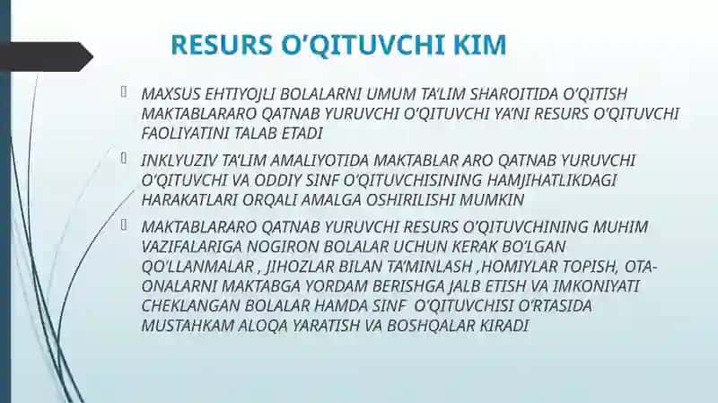 INKLYUZIV TA’LIM TIZIMIDA FAOLIYAT KO’RSATUVCHI RESURS O’QITUVCHI VA IJTIMOIY PEDAGOGNING VAZIFALARI VA MAQSADLARI 2