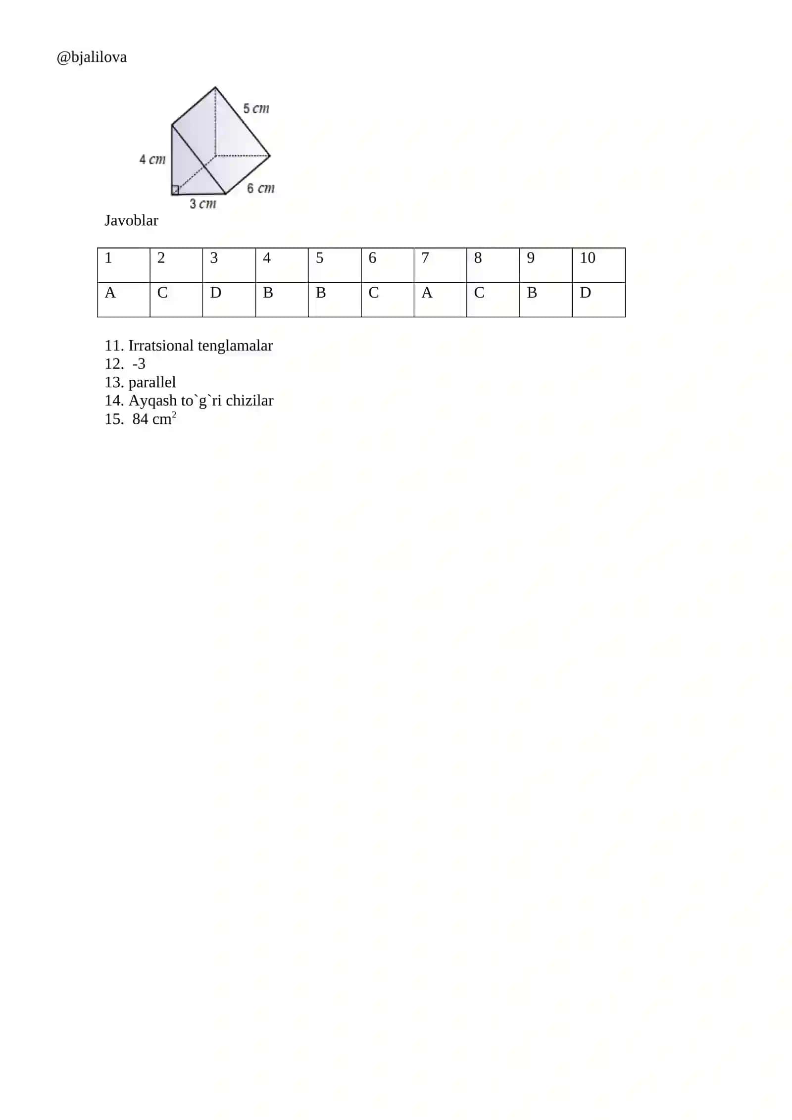 10-sinf matematika fanidan II chorak uchun monitoring testi 2