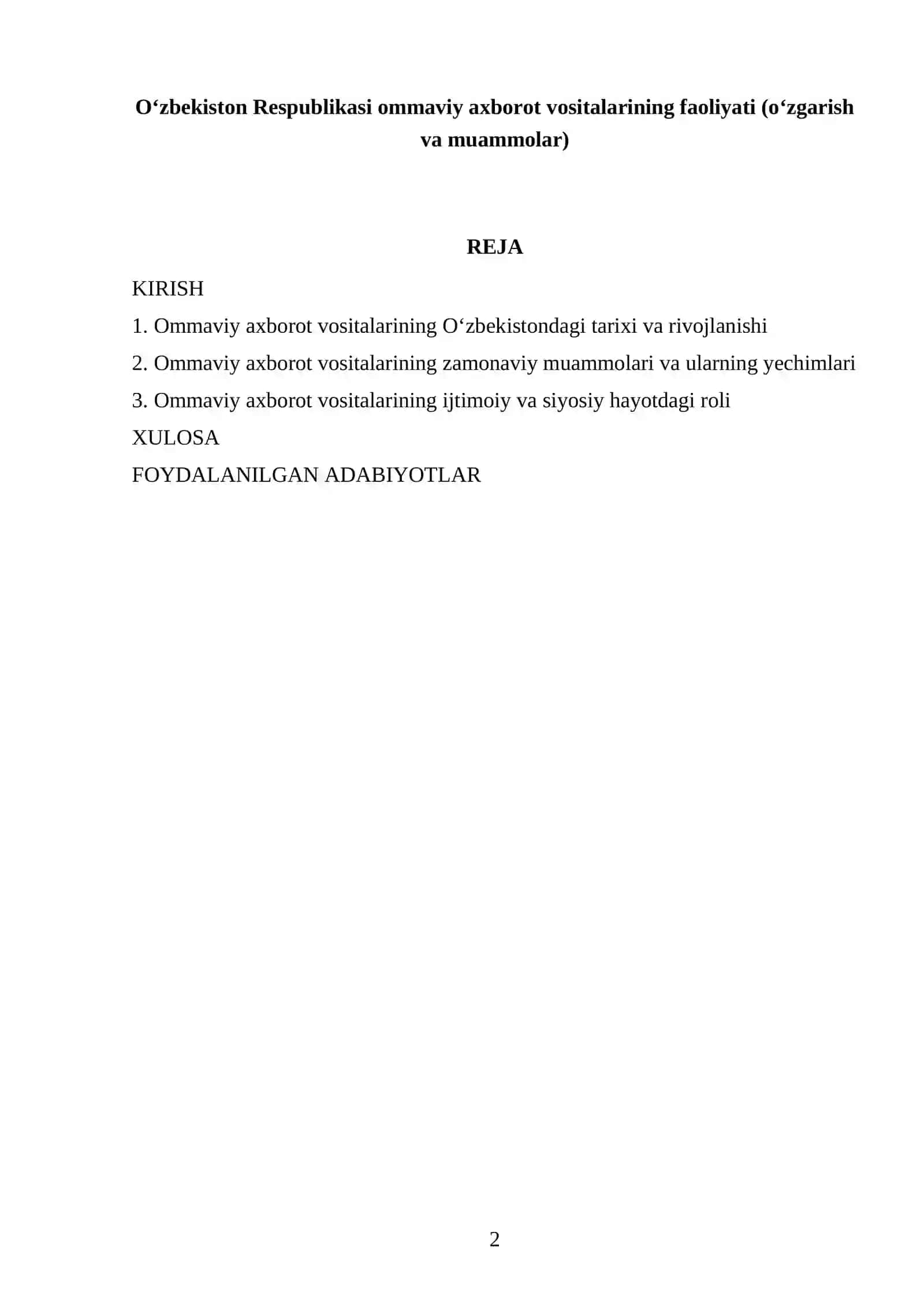 Oʻzbekiston Respublikasi Ommaviy Axborot Vositalarining Faoliyati (Oʻzgarish va muammolar) 2
