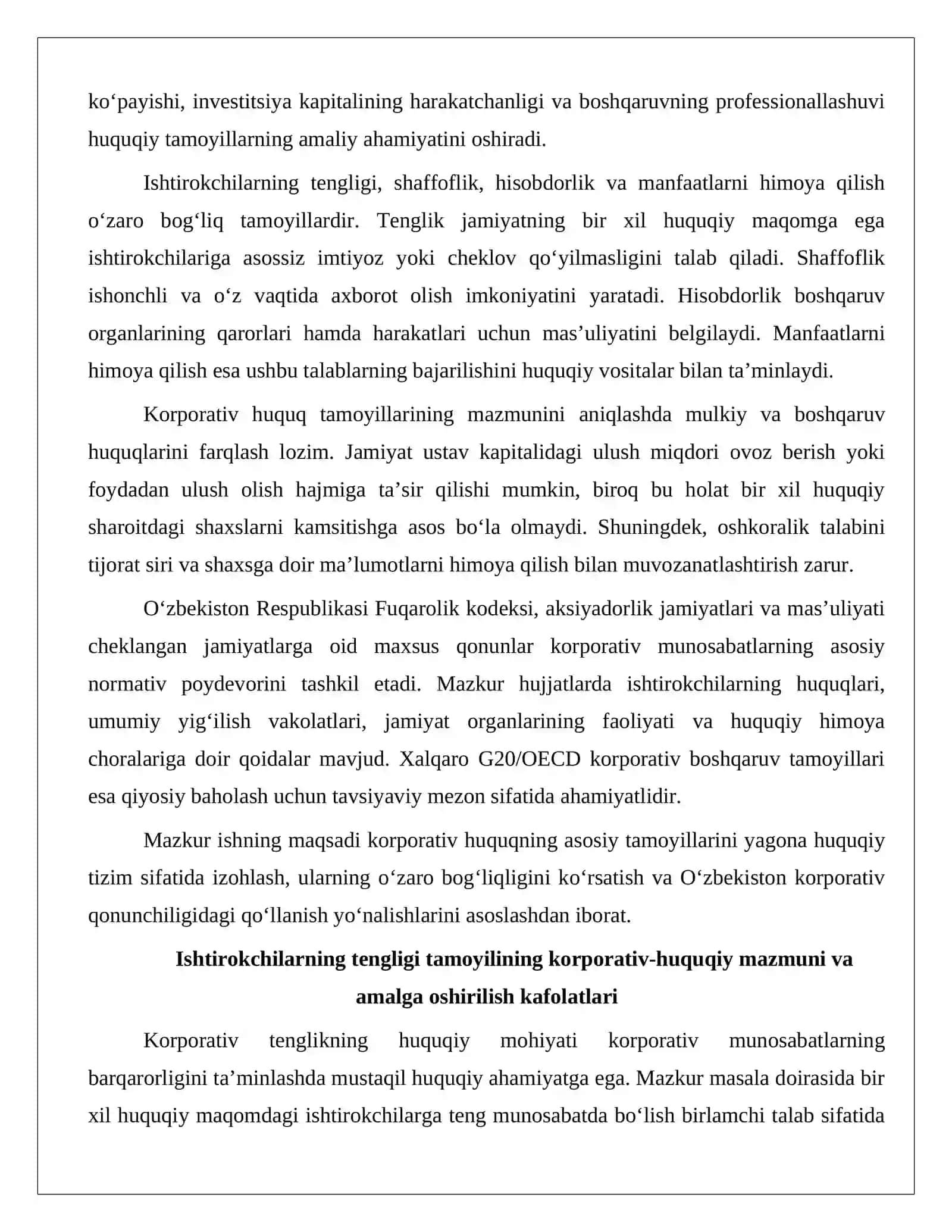 Korporativ huquqning asosiy tamoyillari Ishtirokchilarning tengligi, shaffoflik, hisobdorlik va manfaatlarni himoya qilish referat.docx 2