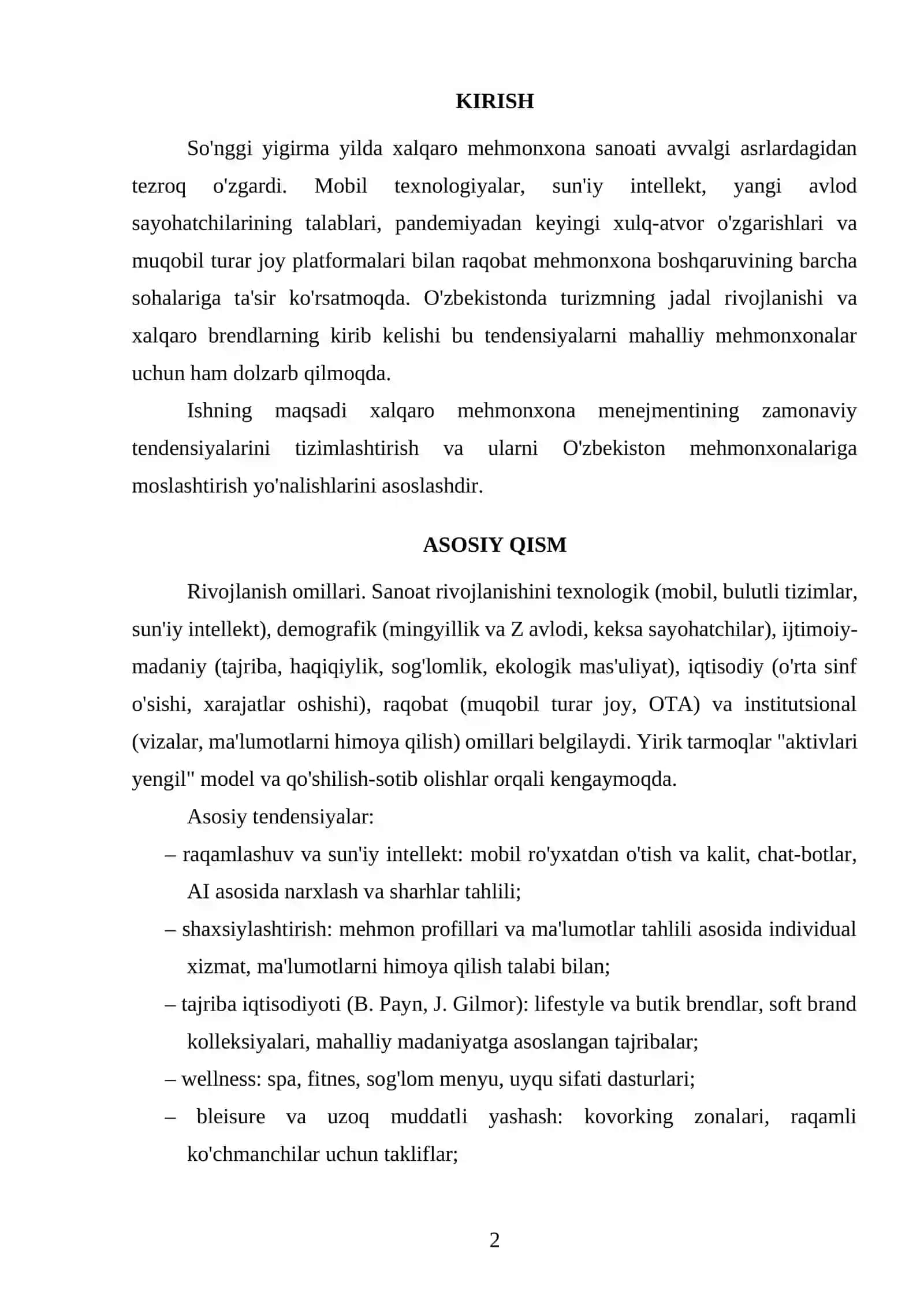 XALQARO MEHMONXONA MENEJMENTINING ZAMONAVIY TENDENSIYALARI VA ULARNI O'ZBEKISTON MEHMONXONALARIGA MOSLASHTIRISH YO'NALISHLARI 2