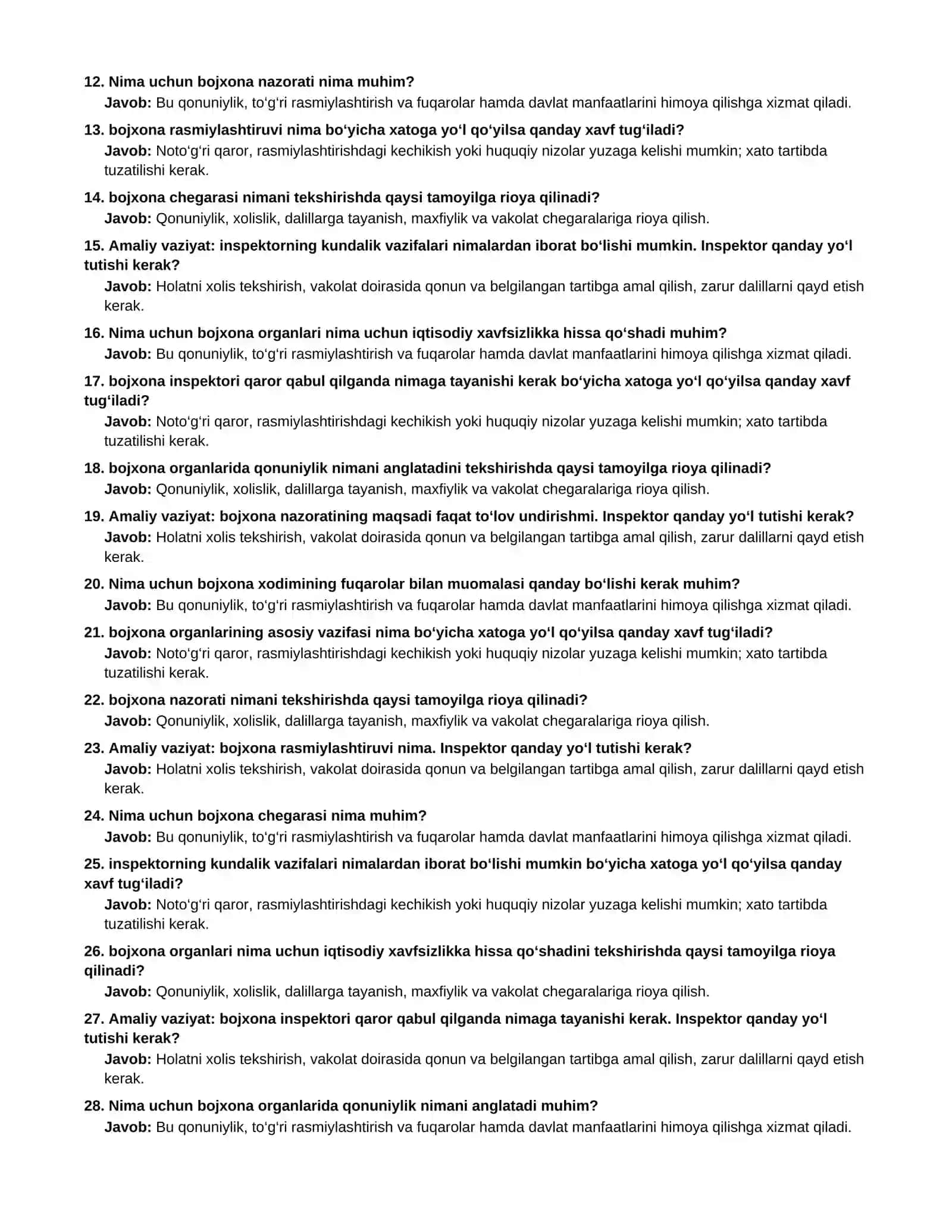 Bojxona inspektori uchun 500 ta namunaviy savol-javob — 2026 2