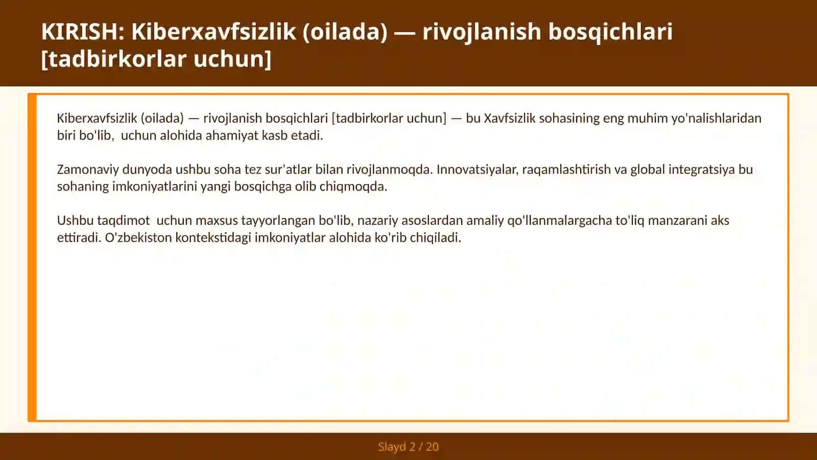KIBERXAVFSIZLIK (OILADA) — RIVOJLANISH BOSQICHLARI [TADBIRKORLAR UCHUN] 2