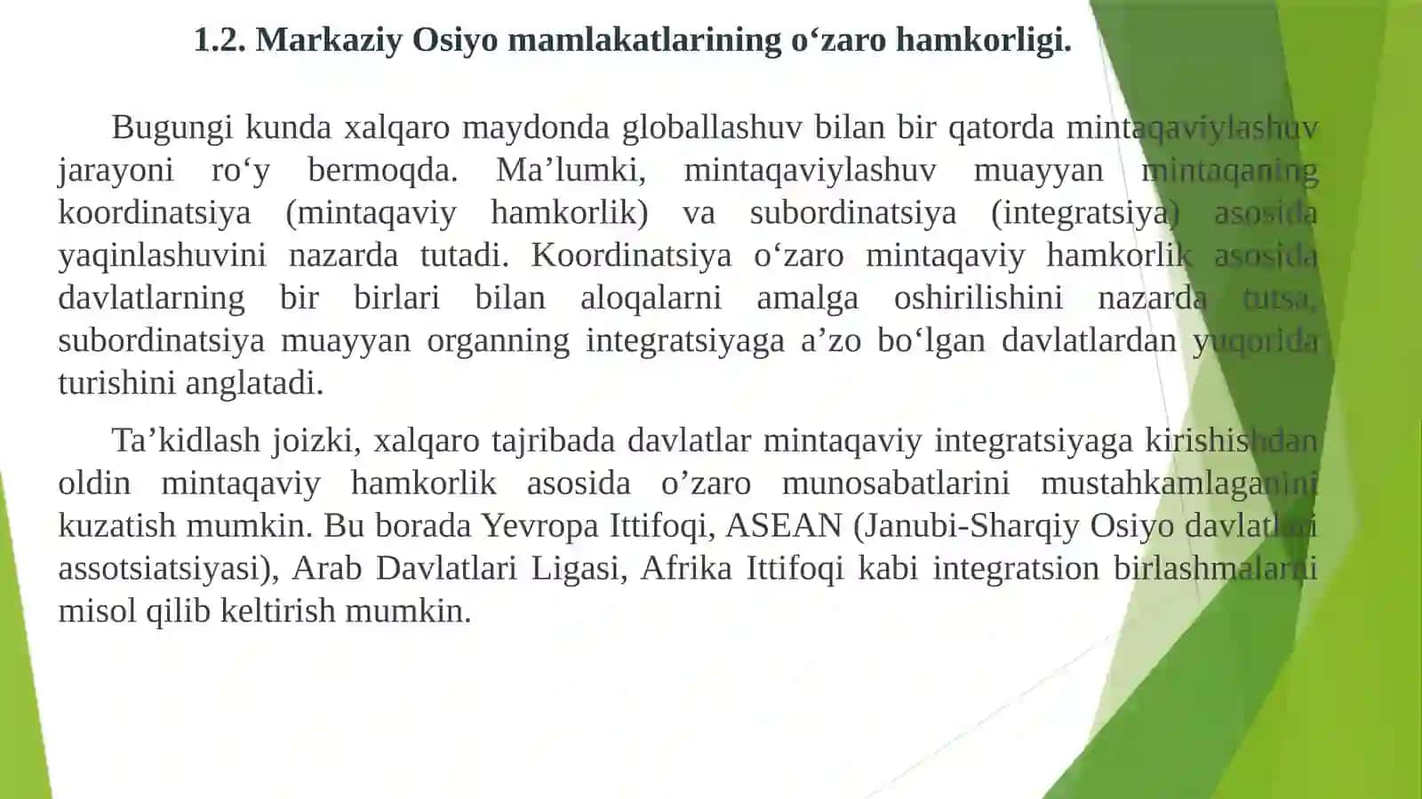 Markaziy Osiyo mamlakatlarining rivojlanish modelida tashqi omillarni orni va Jahon iqtisodiyoti globallashuvidagi ishtiroki 2