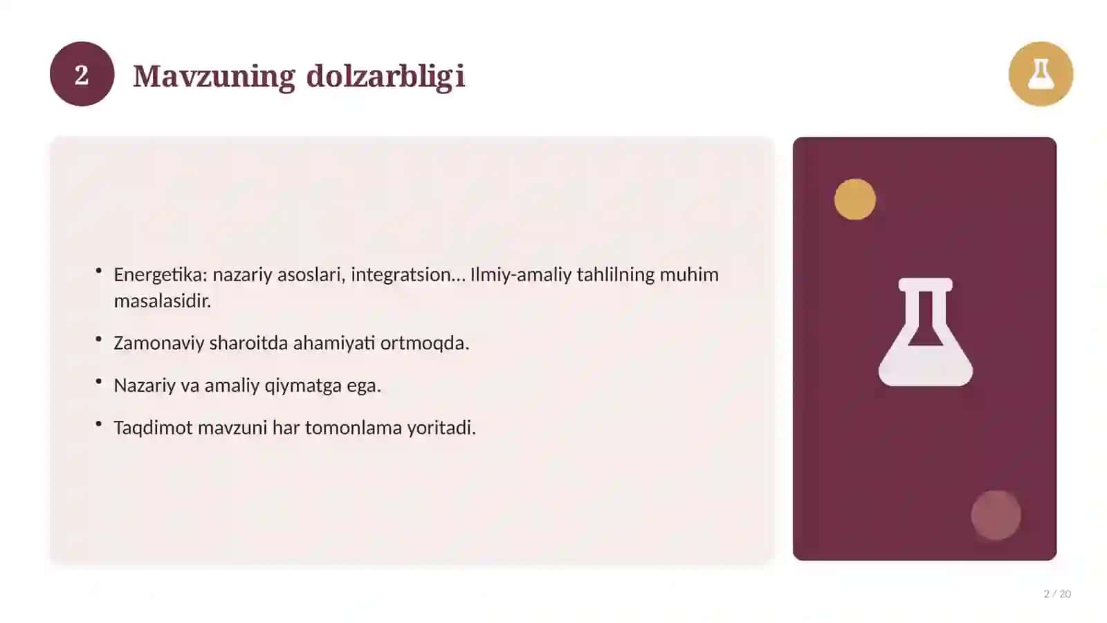 Energetika: nazariy asoslari, integratsion yondashuvda (Magistrlik dissertatsiyasi mavzusi) 2