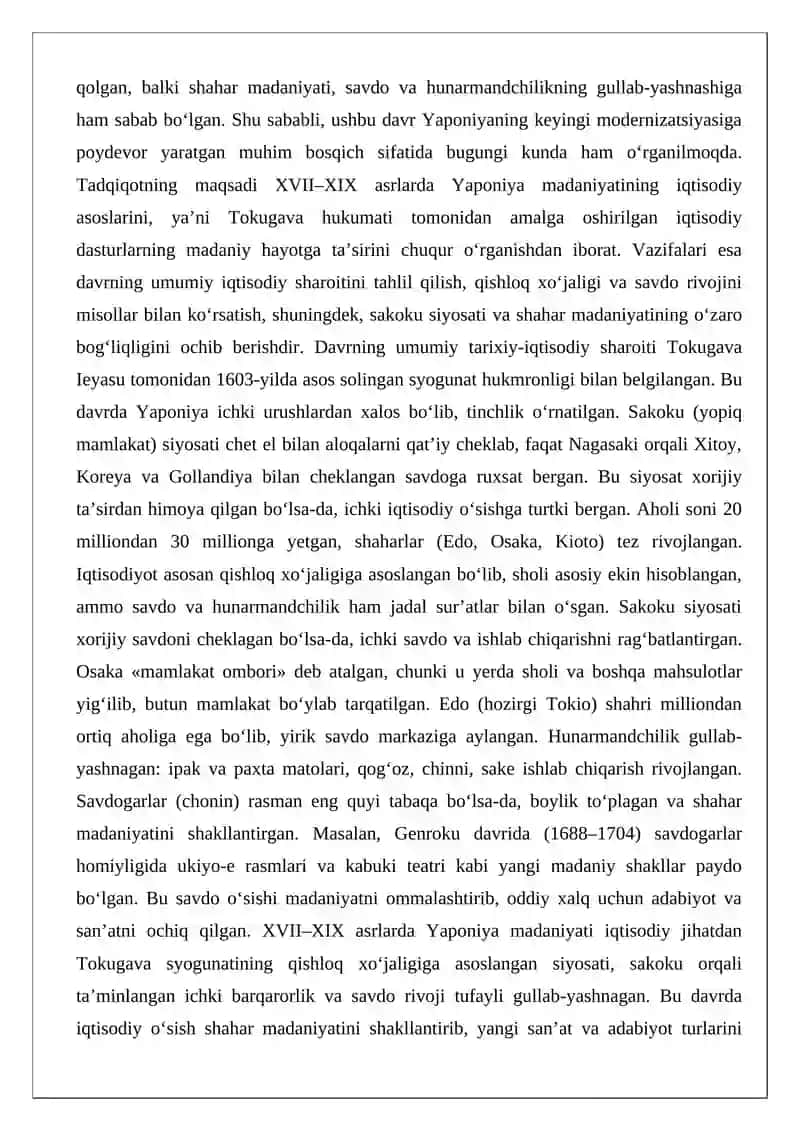 XVII–XIX asrlarda Yaponiya madaniyati” iqtisodiy dasturlari 2
